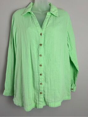 Soft Surroundings Escambia Gauze Green Cotton Tunic Button Up Shirt Size Large